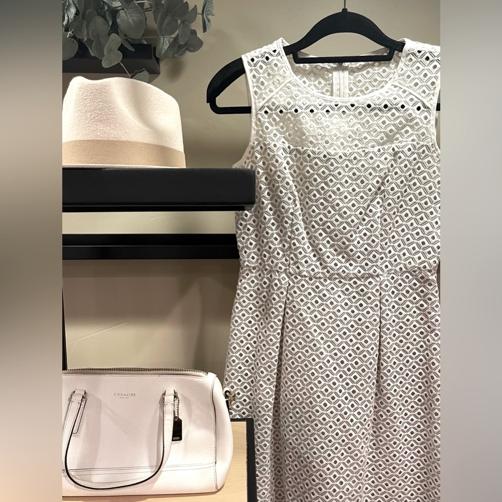 Calvin Kline Dress | Eyelet White w Taupe Lining | Knee Length | Sleeveless